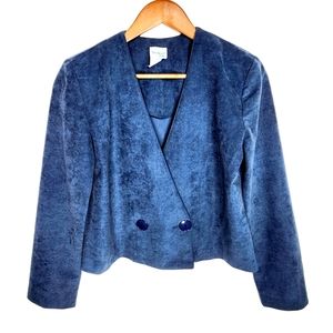 Vintage 90s blue boxy cropped double breasted micro Suede blazer/jacket size 4